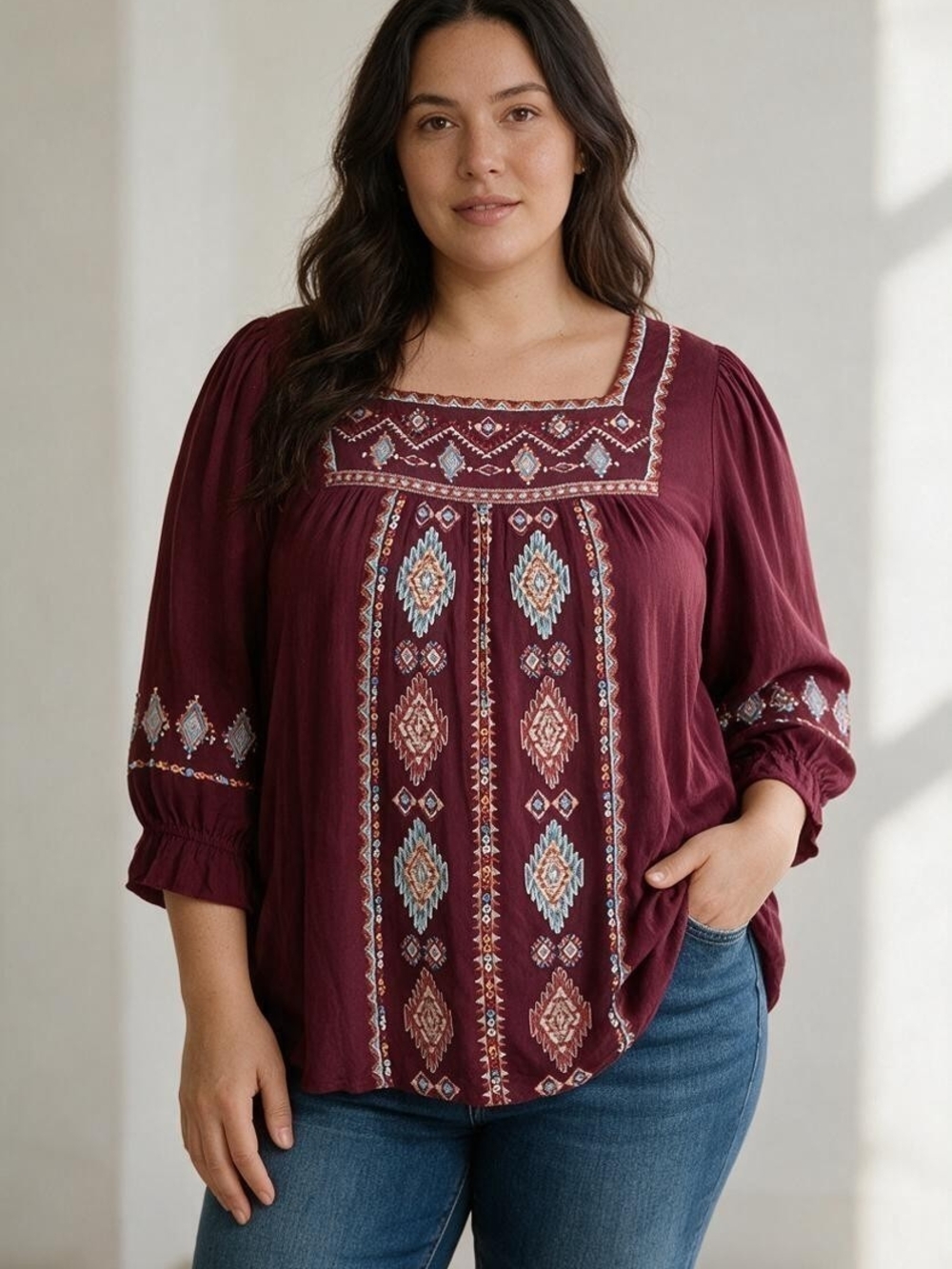 Savanna Jane Embroidered Square-Neck Tunic - Burgundy